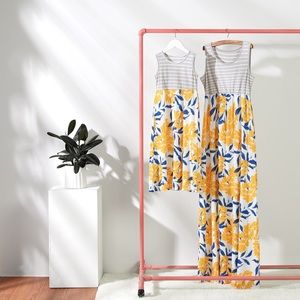 NEW Mommy and Me Gray/Yellow Striped Floral Sleeveless Maxi Dress
